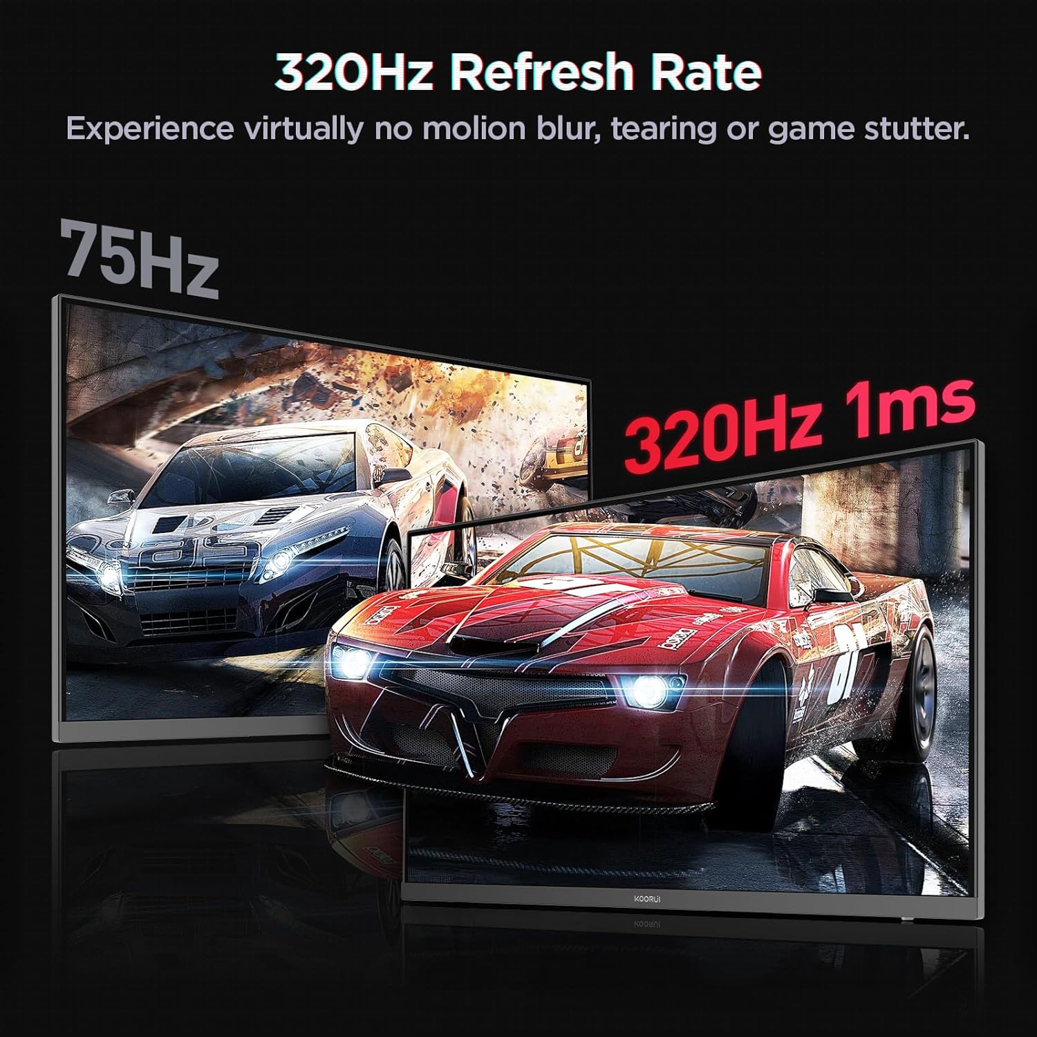 KOORUI Gaming Monitor, 27" Fast IPS Computer Monitor, 320Hz QHD HDR400 Display, 1ms PC Screen, 98% DCI-P3 Color Gamut, Adaptive Sync, Ultra Slim Frame, VESA Mountable, HDMI 2.0, DP 1.4, G2721E