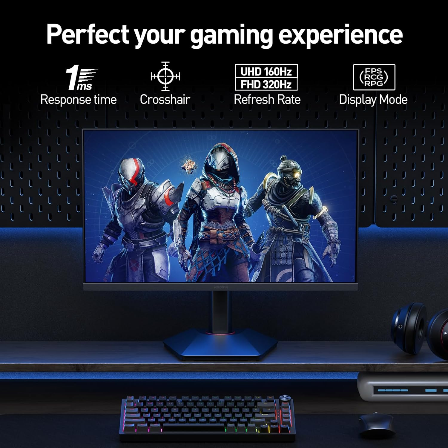 KOORUI 27 Inch Gaming Monitor, UHD 160Hz / FHD 320Hz, IPS Panel, Adjustable Stand, 95% DCI-P3, HDR400, HDMI/DP, Eye-Care, VESA Mountable，G2741L