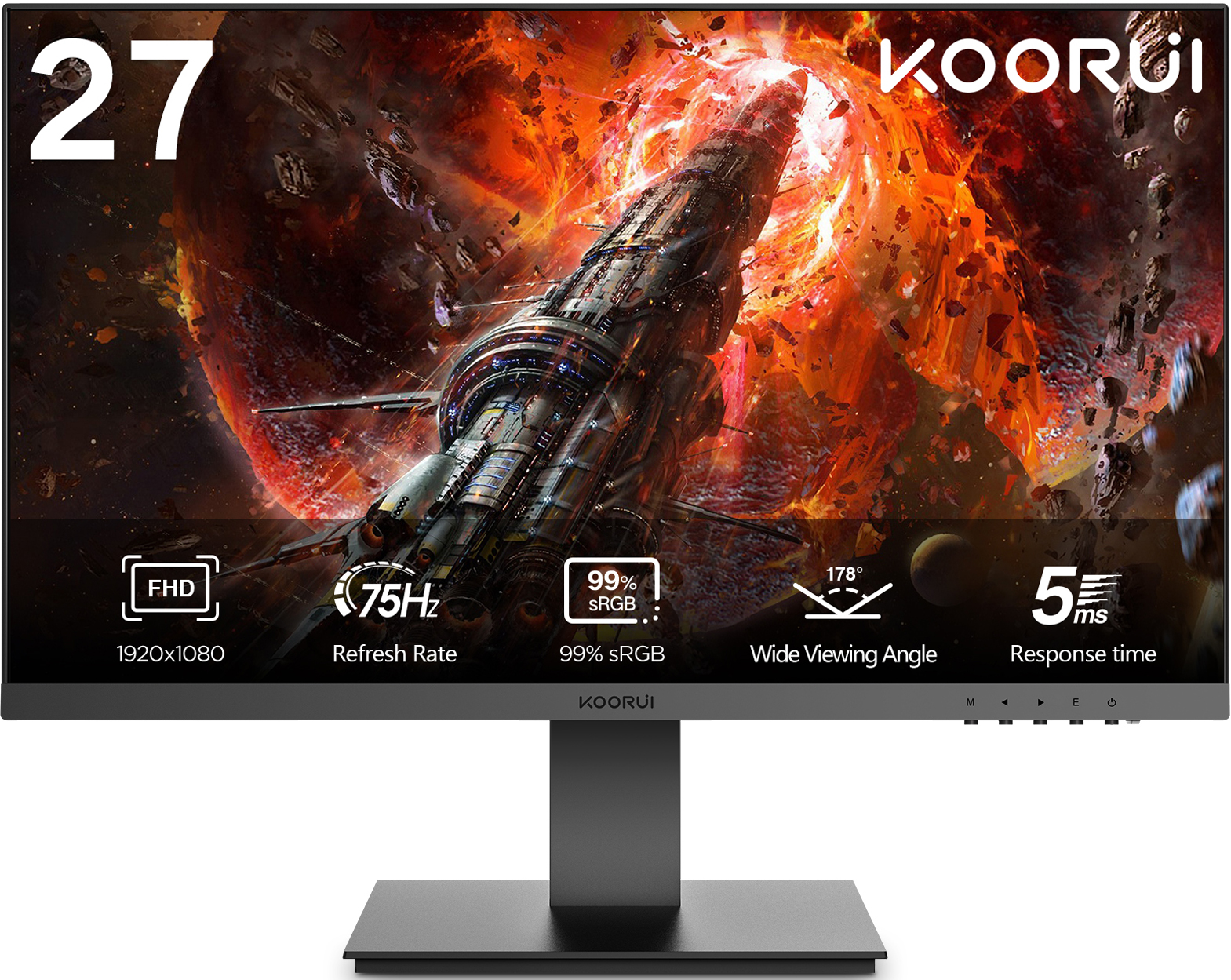  KOORUI 27 inch Computer Monitor,IPS FHD (1920 x 1080) 75Hz 99% sRGB PC Desktop Gaming Monitors for Computer ,HDMI/VGA Port, Visioncare
