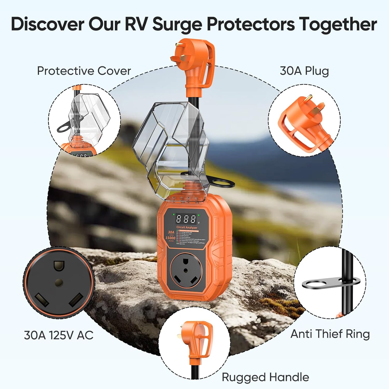15000J RV Surge Protector 30 Amp with Smart LED Display, RV Circuit Analyzer Waterproof with High/Low Voltage Protection, RV Adapter Plug for Camper with Voltage Monitoring, Clear Error Codes