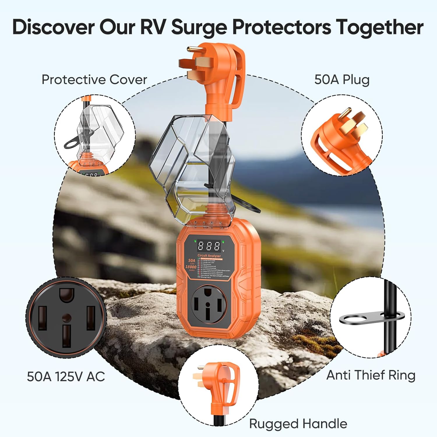 18000J RV Surge Protector 50 Amp with Smart LED Display, RV Circuit Analyzer Waterproof with High/Low Voltage Protection, RV Adapter Plug for Camper with Voltage Monitoring, Clear Error Codes