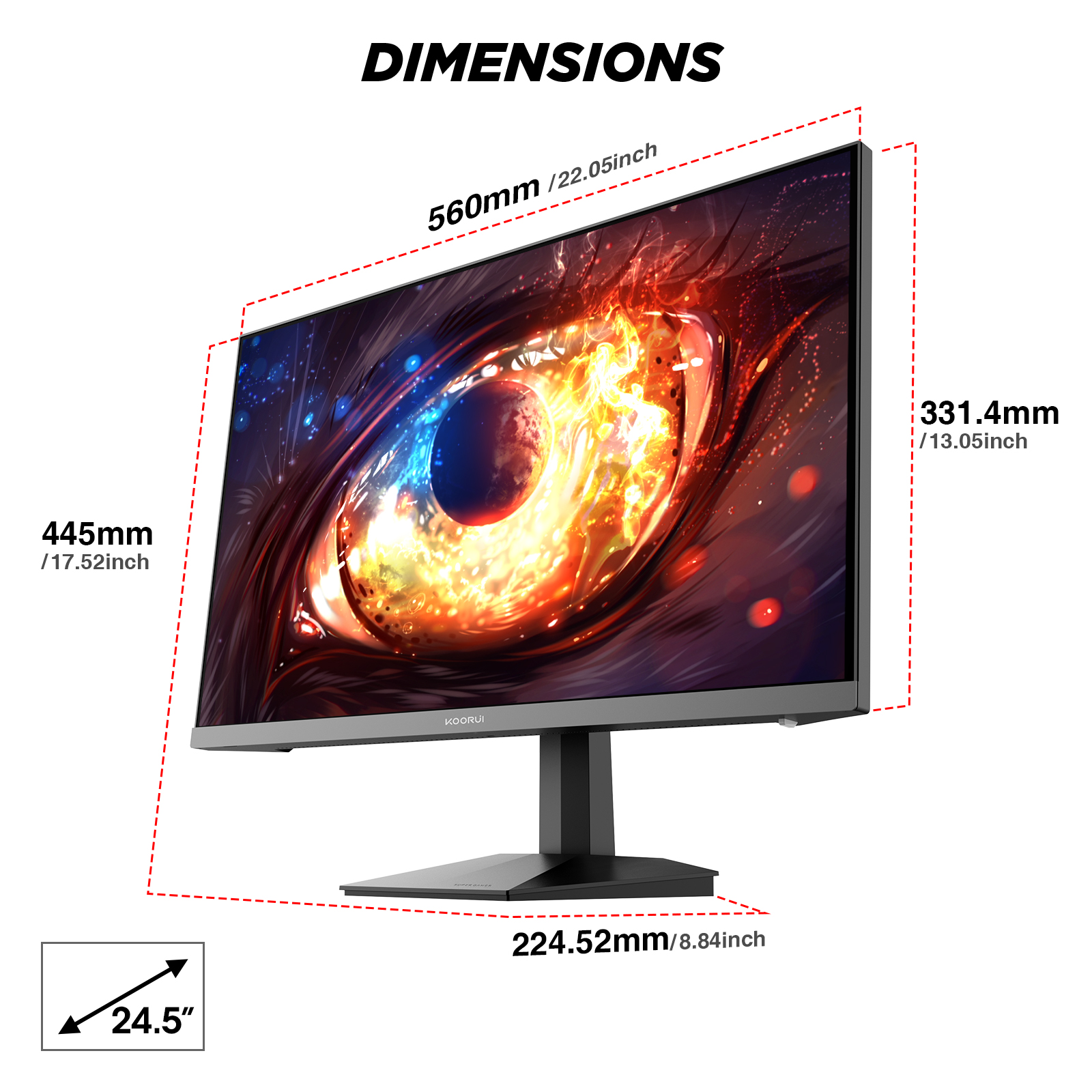 KOORUI 24.5 Inch Gaming Monitor, 200Hz Monitor, 1ms, FHD 1080p IPS Display, 90% DCI-P3 Color Gamut, HDR400, with Adaptive Sync Thechnology, HDMI & DP Port, Black, G2511P