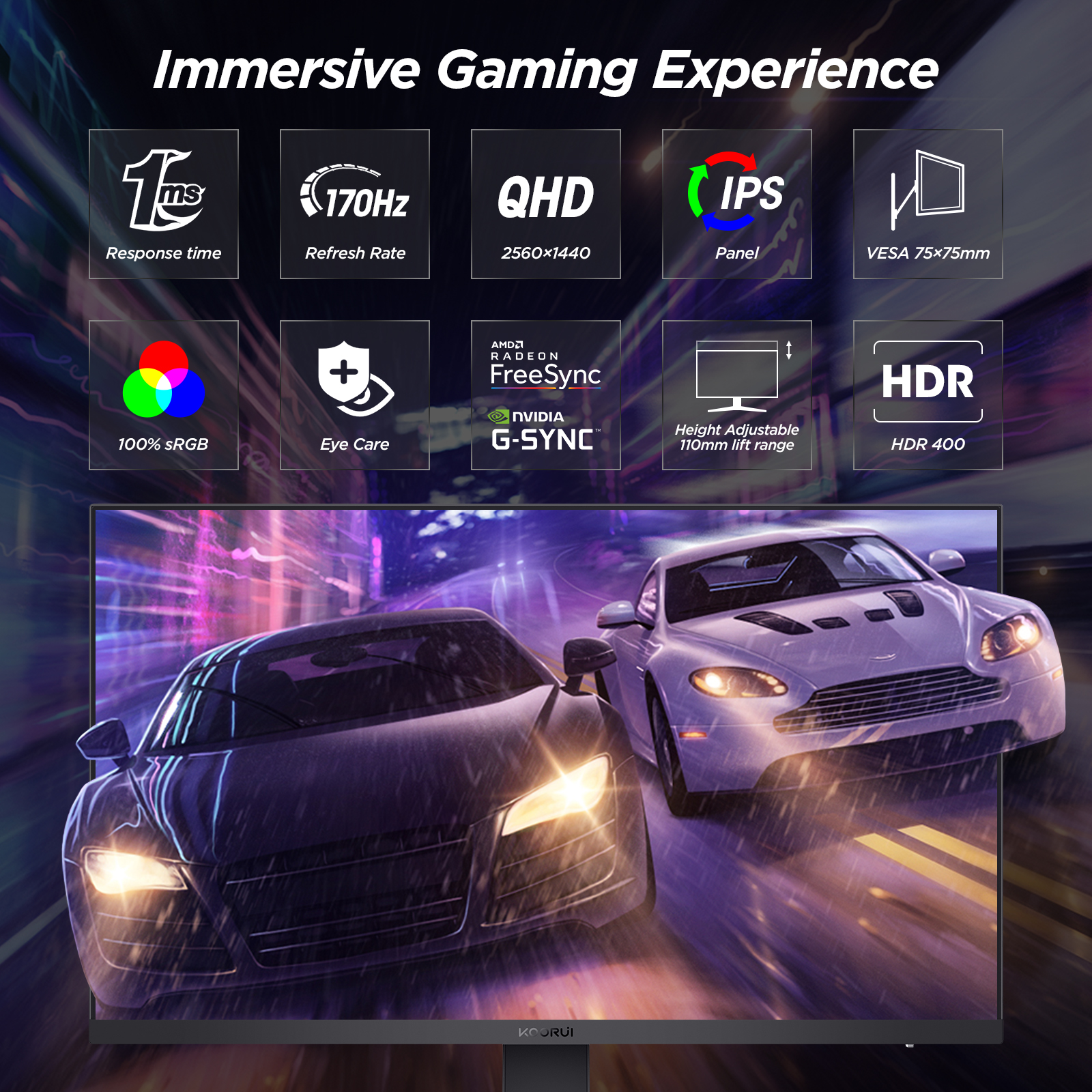 KOORUI 27 Inch Gaming Monitor, 2K Computer Monitors, QHD 1440P, IPS,1ms, Adpitive Sync, HDMI (144Hz), DisplayPort(170Hz), HDR 400, DCI-P3 90%, Height Adjustable, Rotatable