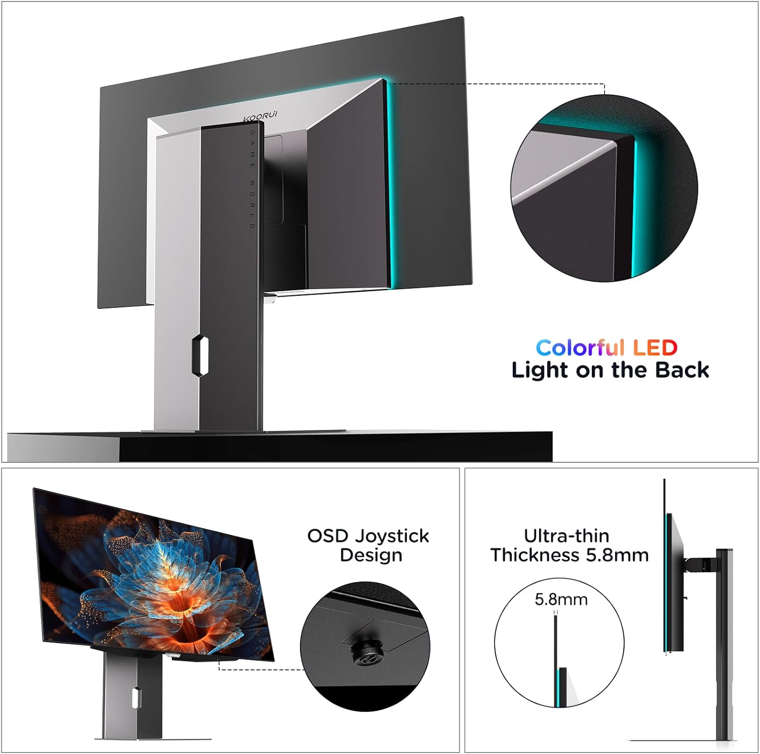 KOORUI 27 Inch OLED Gaming Monitor, 1440P 240Hz 0.03ms PC Monitor, 90W Type-C Charge, DCI-P3 Slim Screen, HDMI 2.0, DisplayPort 1.4, USB-C 3.1, 100 x 100 mm VESA, Black, 27E8QK