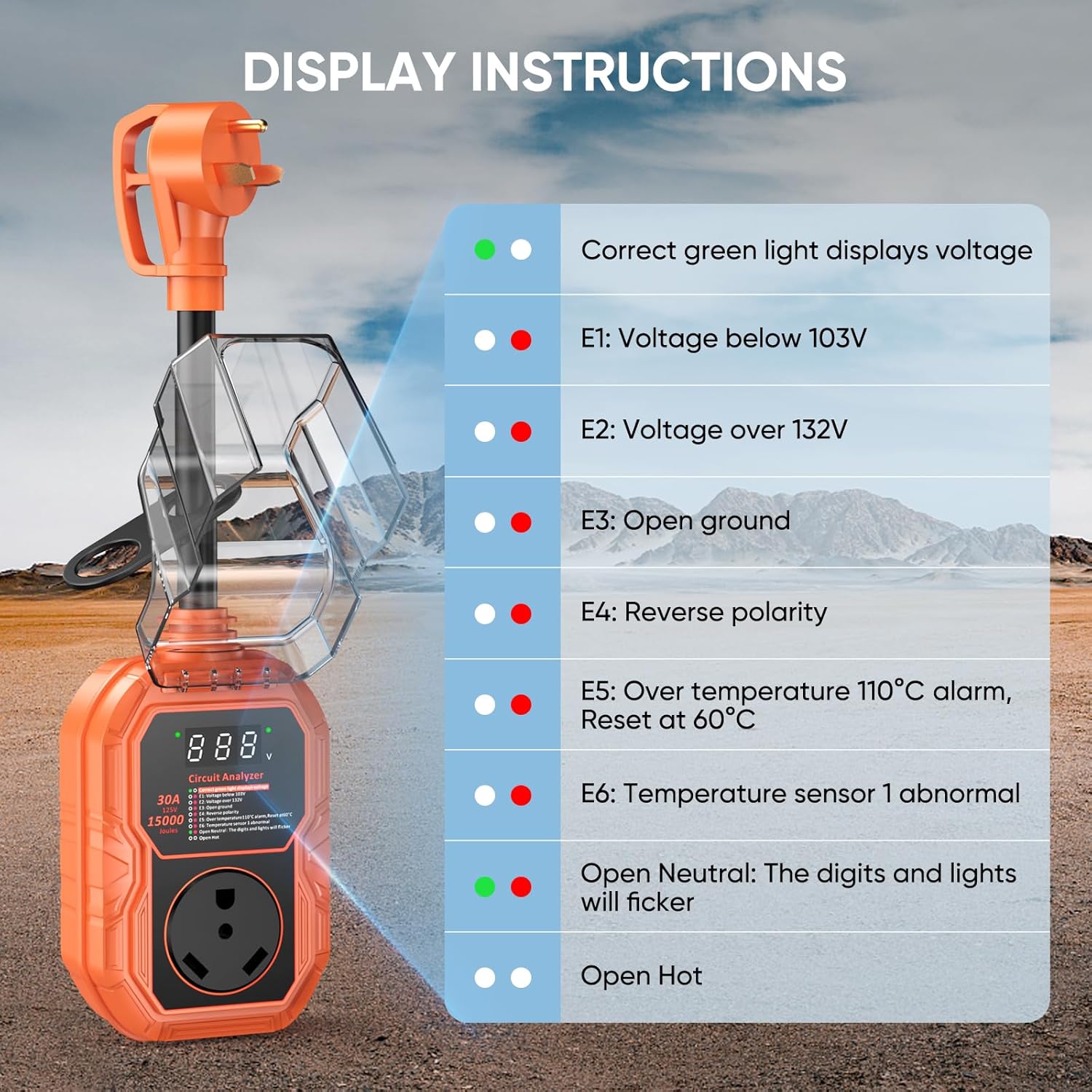 15000J RV Surge Protector 30 Amp with Smart LED Display, RV Circuit Analyzer Waterproof with High/Low Voltage Protection, RV Adapter Plug for Camper with Voltage Monitoring, Clear Error Codes