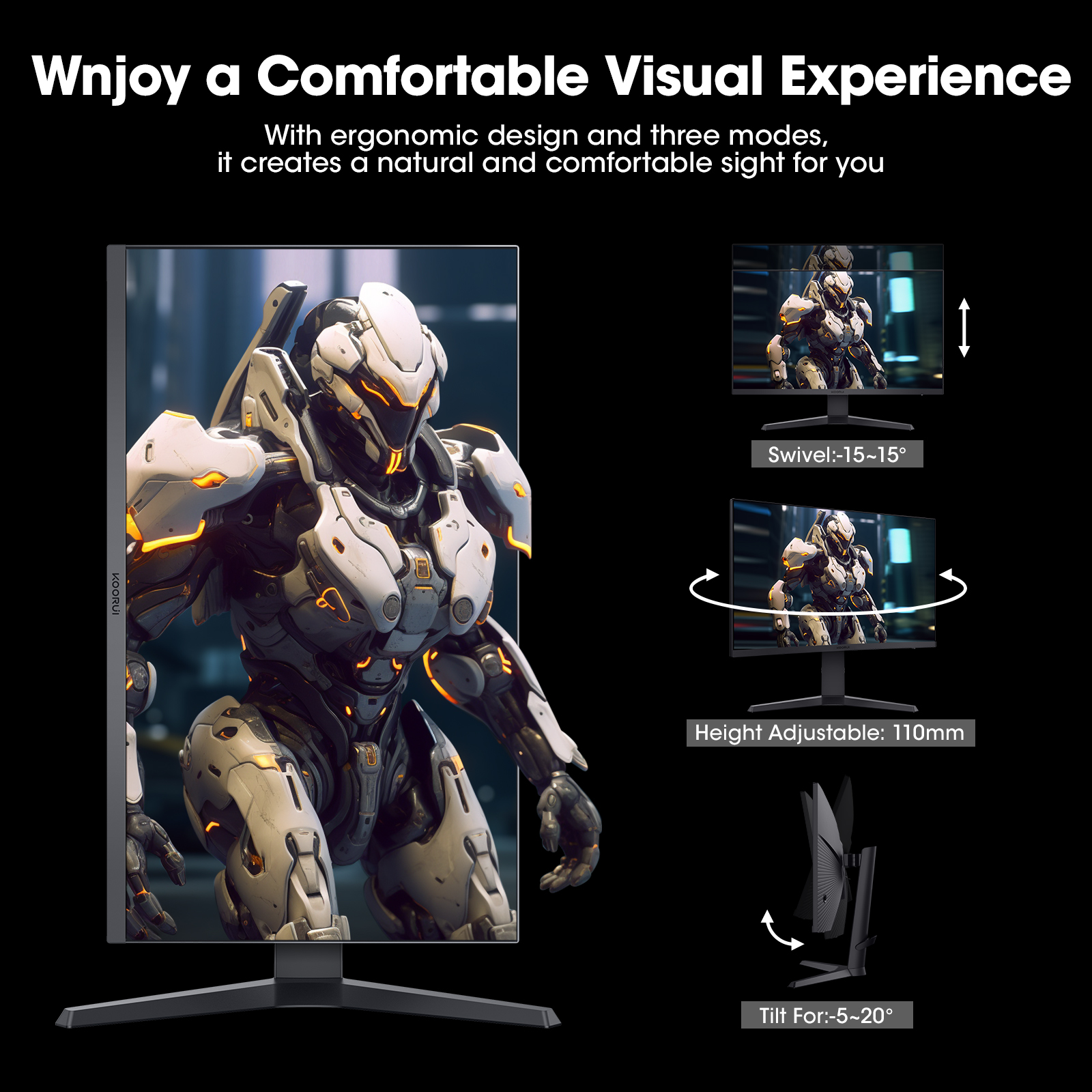 KOORUI 27 inch Gaming Monitor - WQHD (2560x1440) Computer Monitor, 240Hz, 1ms, AdaptiveSync Technology, HDR400, HDMI DisplayPort 2K Monitor, VESA Mountable, Tilt Adjustable, Eye Care, Black 27E3QK