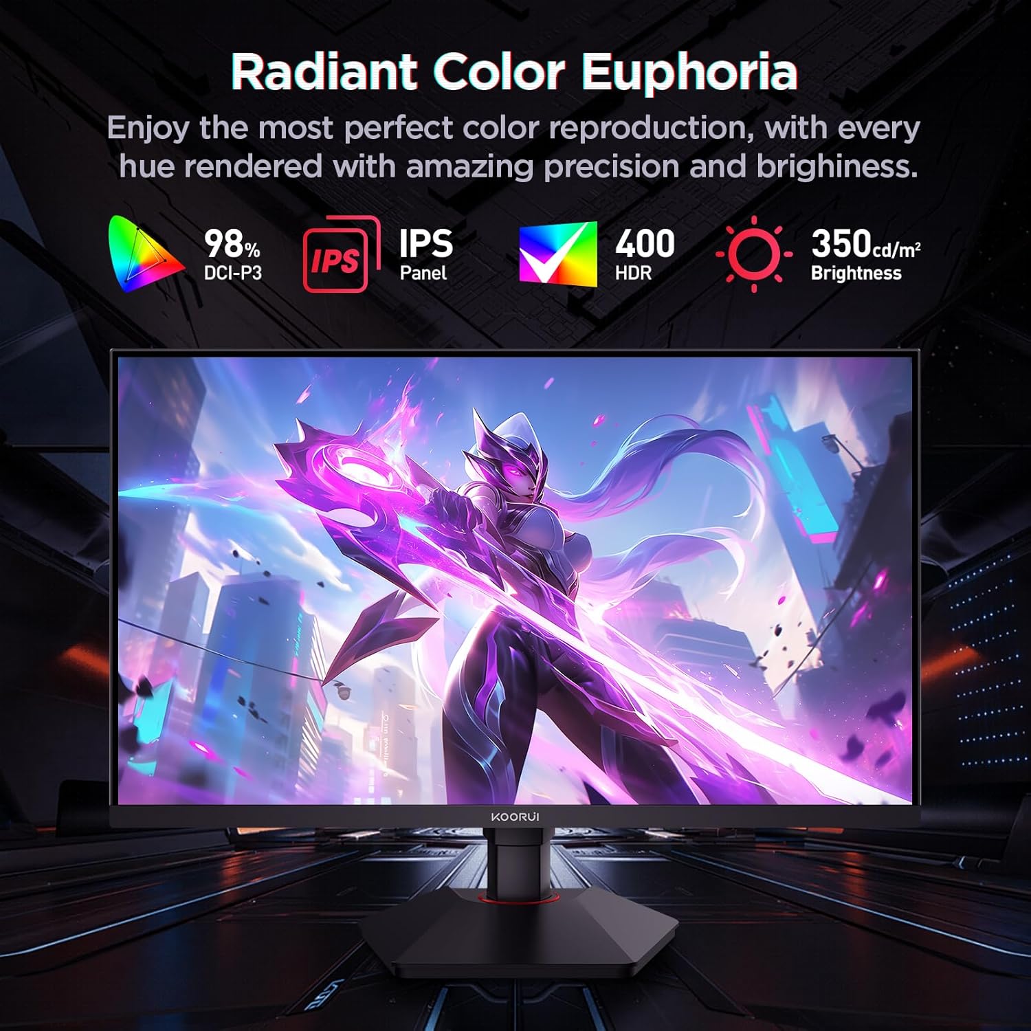 KOORUI Gaming Monitor, 27" Fast IPS Computer Monitor, 320Hz QHD HDR400 Display, 1ms PC Screen, 98% DCI-P3 Color Gamut, Adaptive Sync, Ultra Slim Frame, VESA Mountable, HDMI 2.0, DP 1.4, G2721E