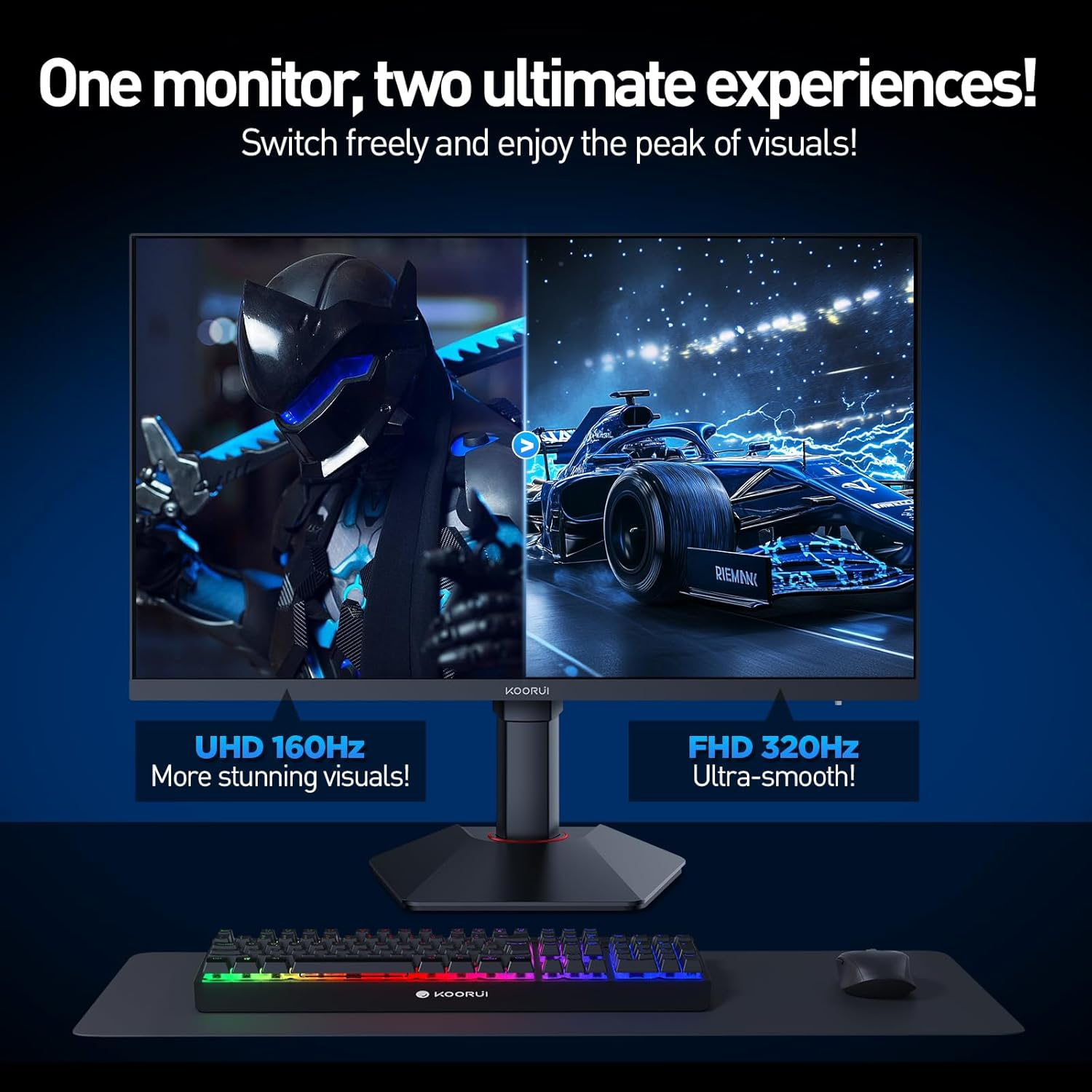 KOORUI 27 Inch Gaming Monitor, UHD 160Hz / FHD 320Hz, IPS Panel, Adjustable Stand, 95% DCI-P3, HDR400, HDMI/DP, Eye-Care, VESA Mountable，G2741L