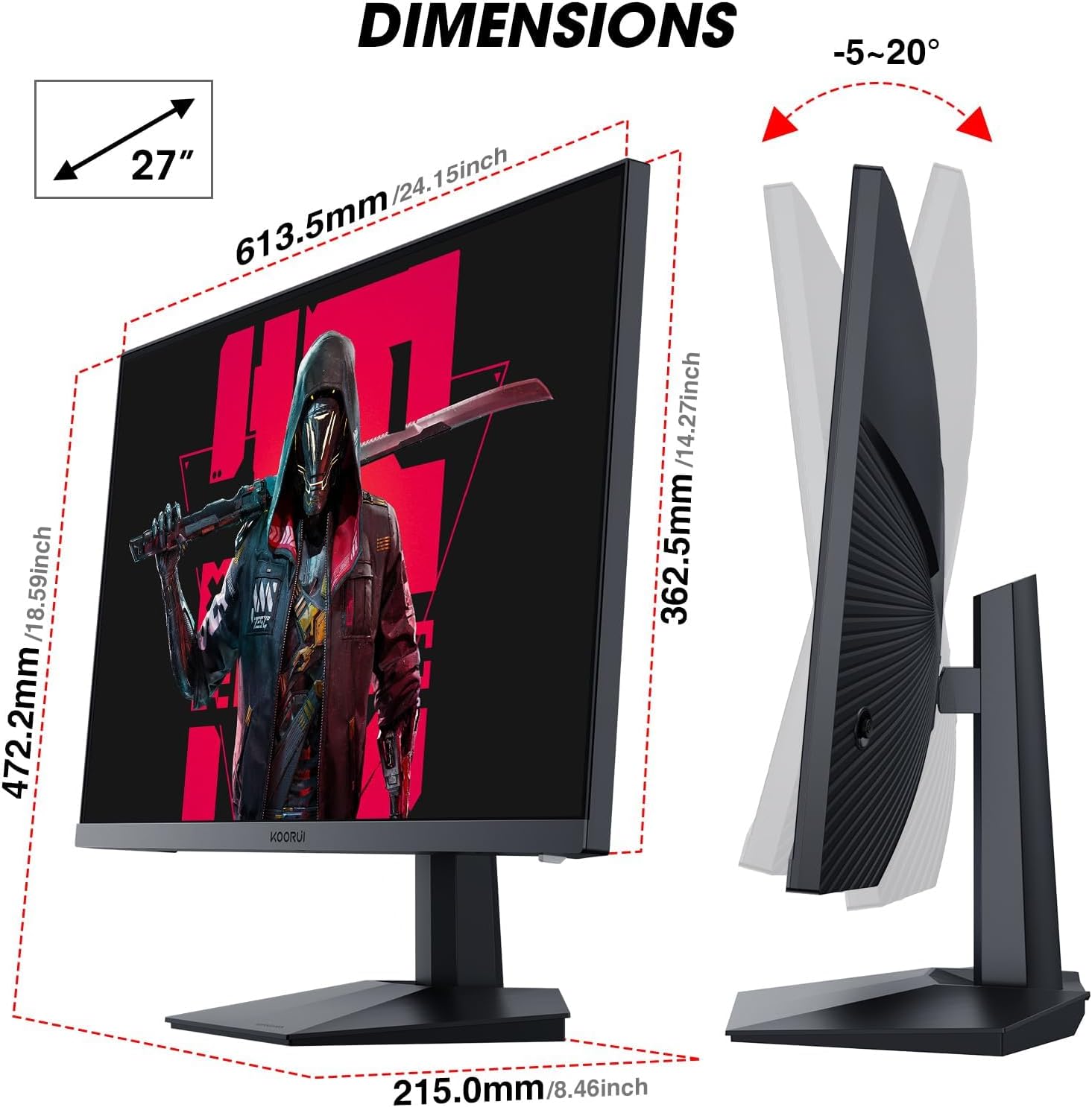 KOORUI 27 Inch Gaming Monitor, 165Hz, FHD, IPS, 1ms, DCI-P3 90%, Adaptive Sync, HDMI/DisplayPort, Black
