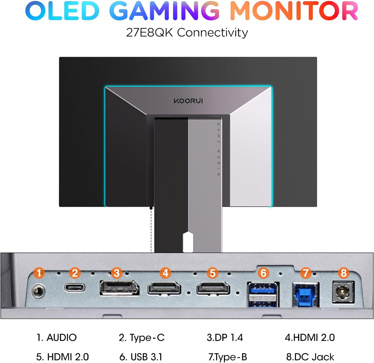 KOORUI 27 Inch OLED Gaming Monitor, 1440P 240Hz 0.03ms PC Monitor, 90W Type-C Charge, DCI-P3 Slim Screen, HDMI 2.0, DisplayPort 1.4, USB-C 3.1, 100 x 100 mm VESA, Black, 27E8QK