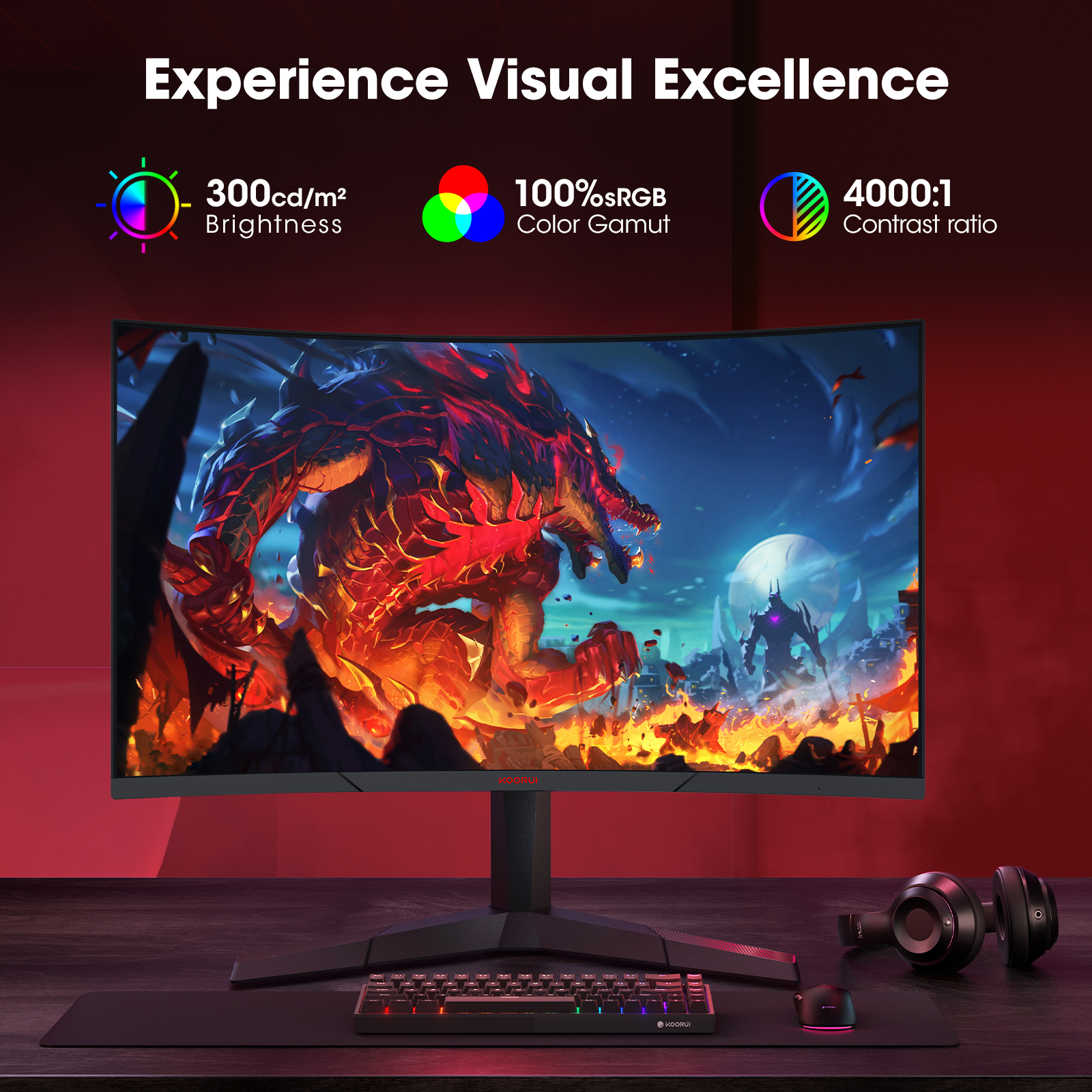 KOORUI 27 inch Curved Gaming Monitor, QHD (2560 x 1440) R1500 180Hz, AdaptiveSync with 1ms Computer Monitor, VESA Compatible, HDR10, 1 x Display Port 1.4 & 2 x HDMI 2.0, Eye Care 27E6QCA
