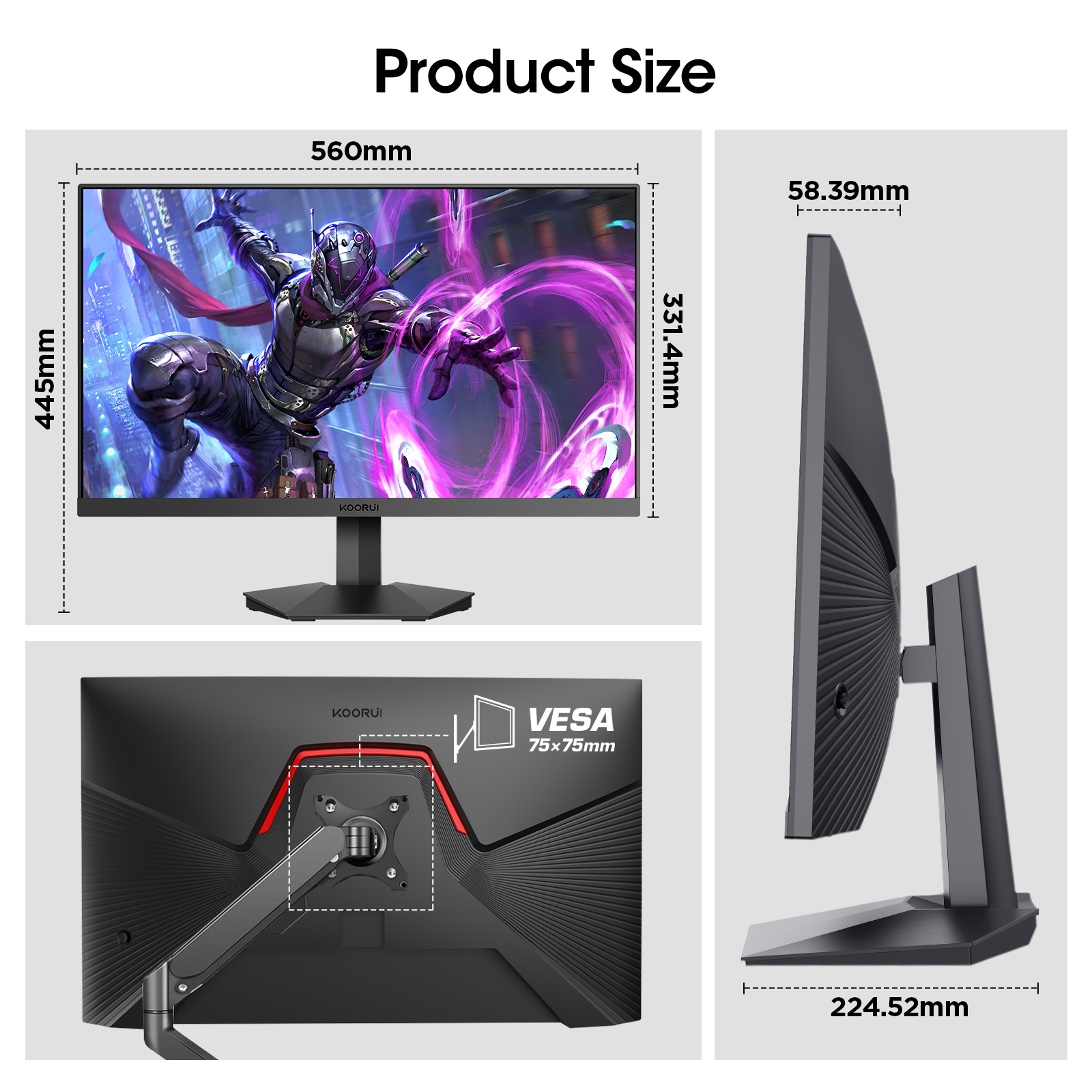 KOORUI 24.5'' 170Hz Gaming Monitor, 1080p FHD VA Display, 1ms, FreeSync & G-Sync Compatible, 2X HDMI& DisplayPort, sRGB 99%, VESA, Tilt Adjustable, Black