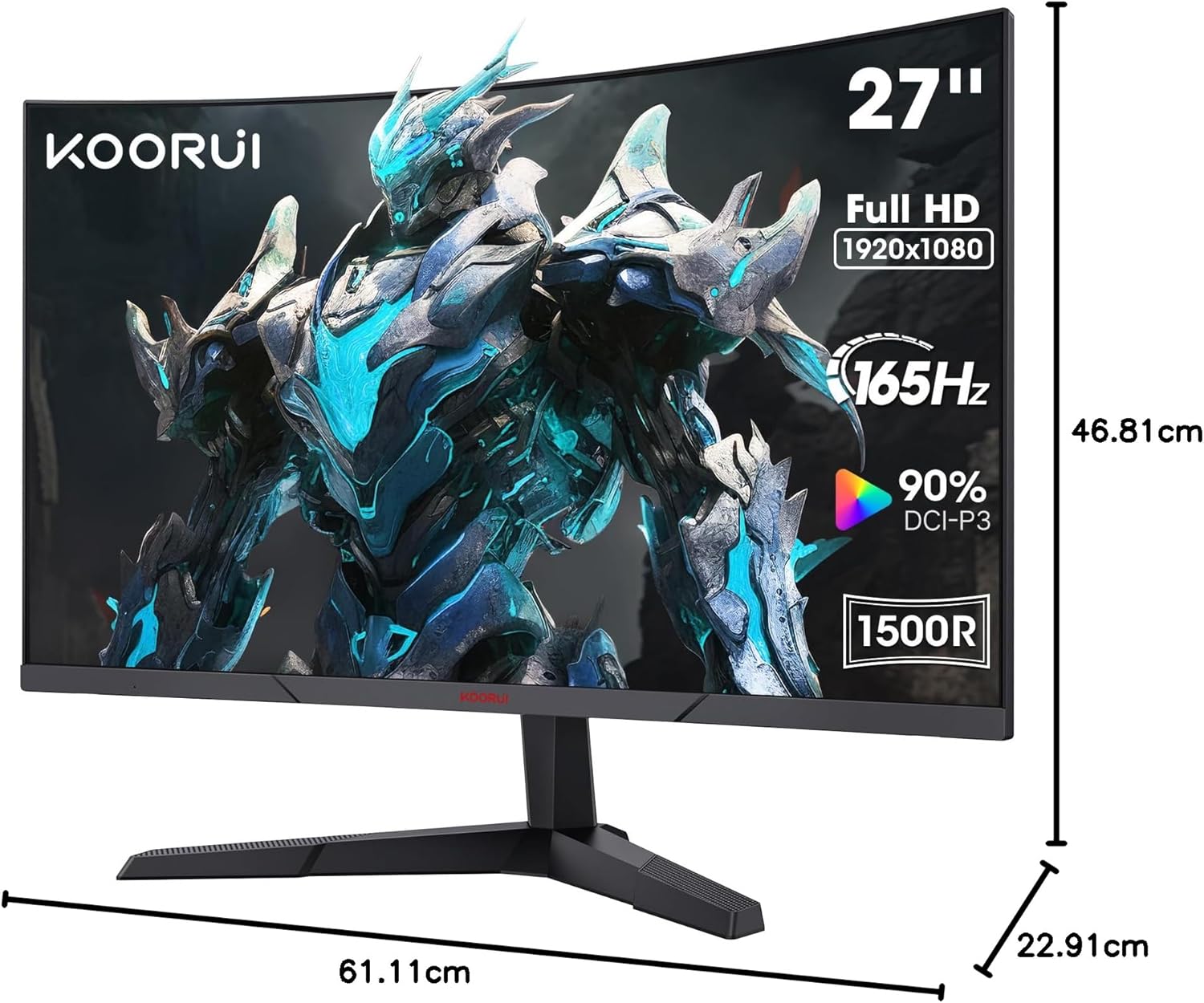 KOORUI 27 Inch Gaming Monitor, FHD 1080P Curved Monitor 165Hz VA 1ms 1500R PC Monitors with Adaptive Sync, HDMI X2 /DP, VESA Compatible, Tilt Adjustable, Eye Care