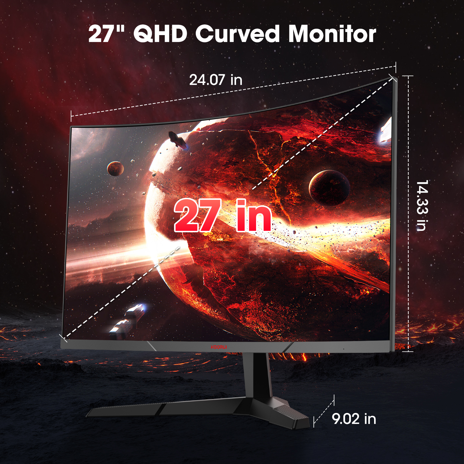 KOORUI 27 inch Curved Gaming Monitor, QHD (2560 x 1440) R1500 180Hz, AdaptiveSync with 1ms Computer Monitor, VESA Compatible, HDR10, 1 x Display Port 1.4 & 2 x HDMI 2.0, Eye Care 27E6QCA
