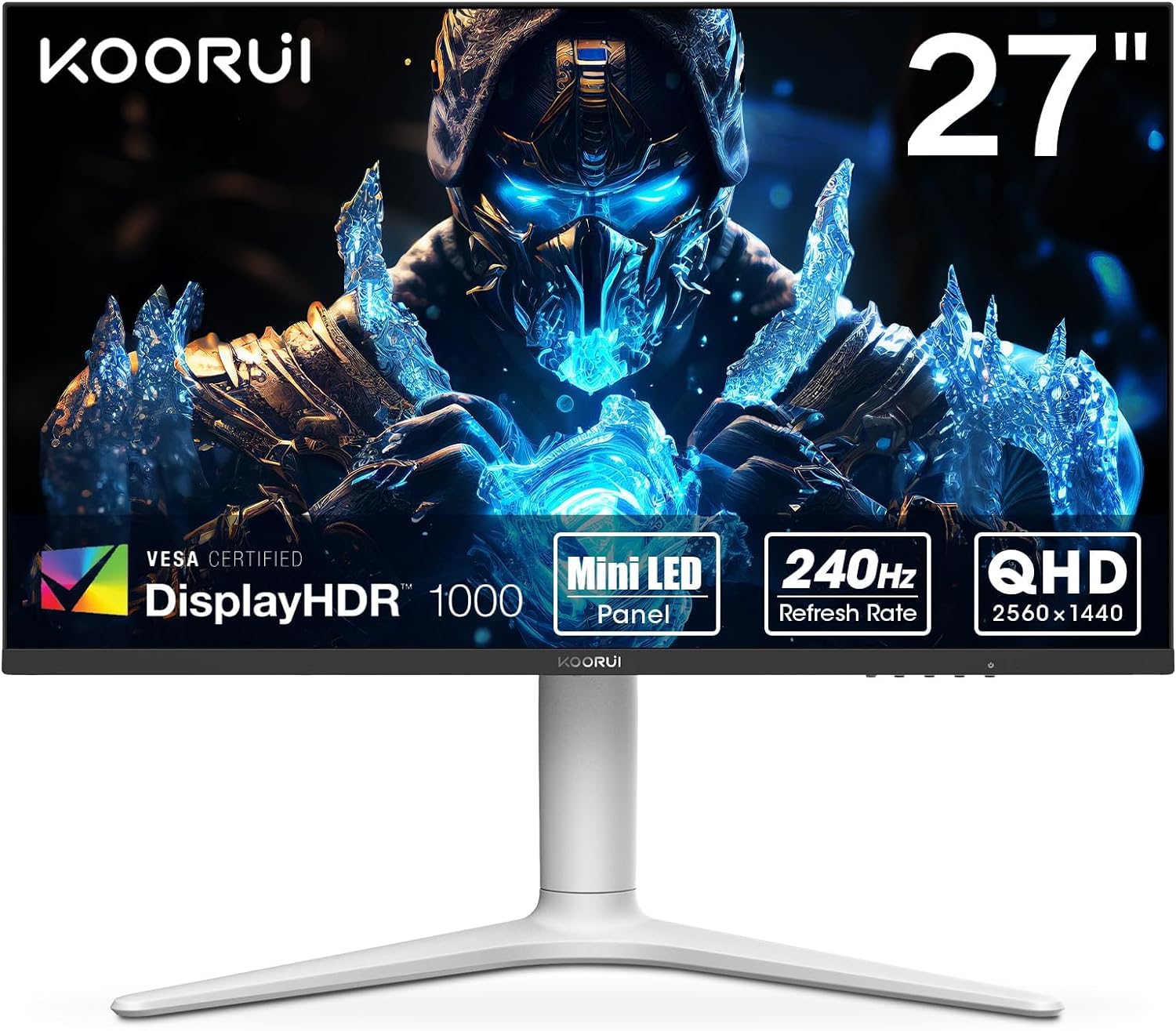 KOORUI GN10 27” Gaming Monitor, WQHD (2560 x 1440), 240HZ, Mini-LED, 95%  DCI-P3 99% Adobe RGB 100% sRGB, Display HDR 1000, Tilt Pivot Swivel Height  Adjustable, HDMI, DisplayPort, White/Grey-Koorui
