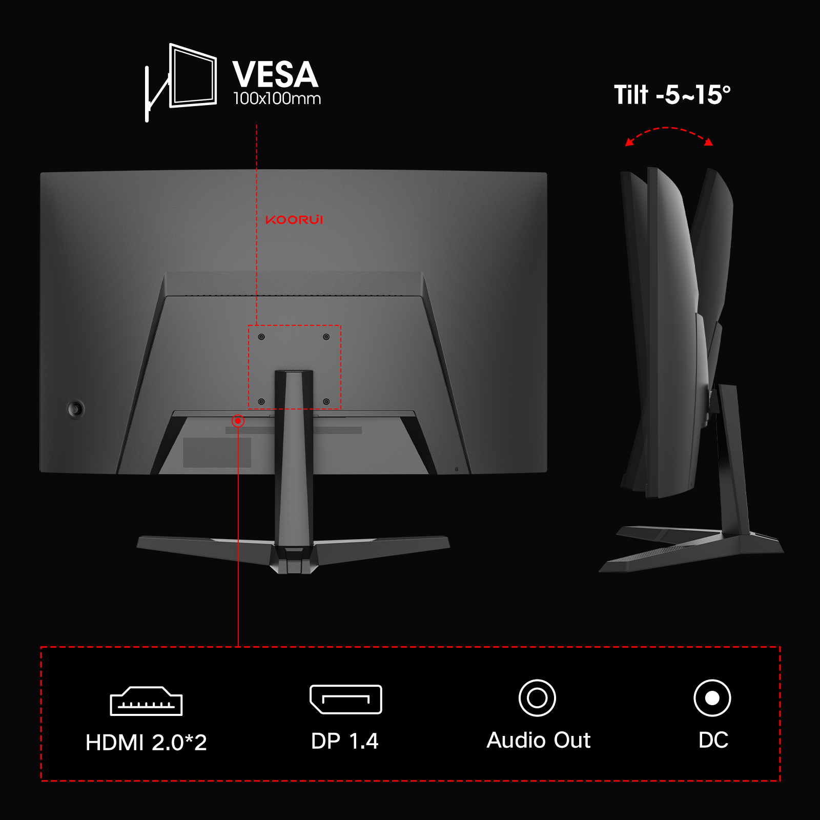 KOORUI 27 inch Curved Gaming Monitor, QHD (2560 x 1440) R1500 180Hz, AdaptiveSync with 1ms Computer Monitor, VESA Compatible, HDR10, 1 x Display Port 1.4 & 2 x HDMI 2.0, Eye Care 27E6QCA