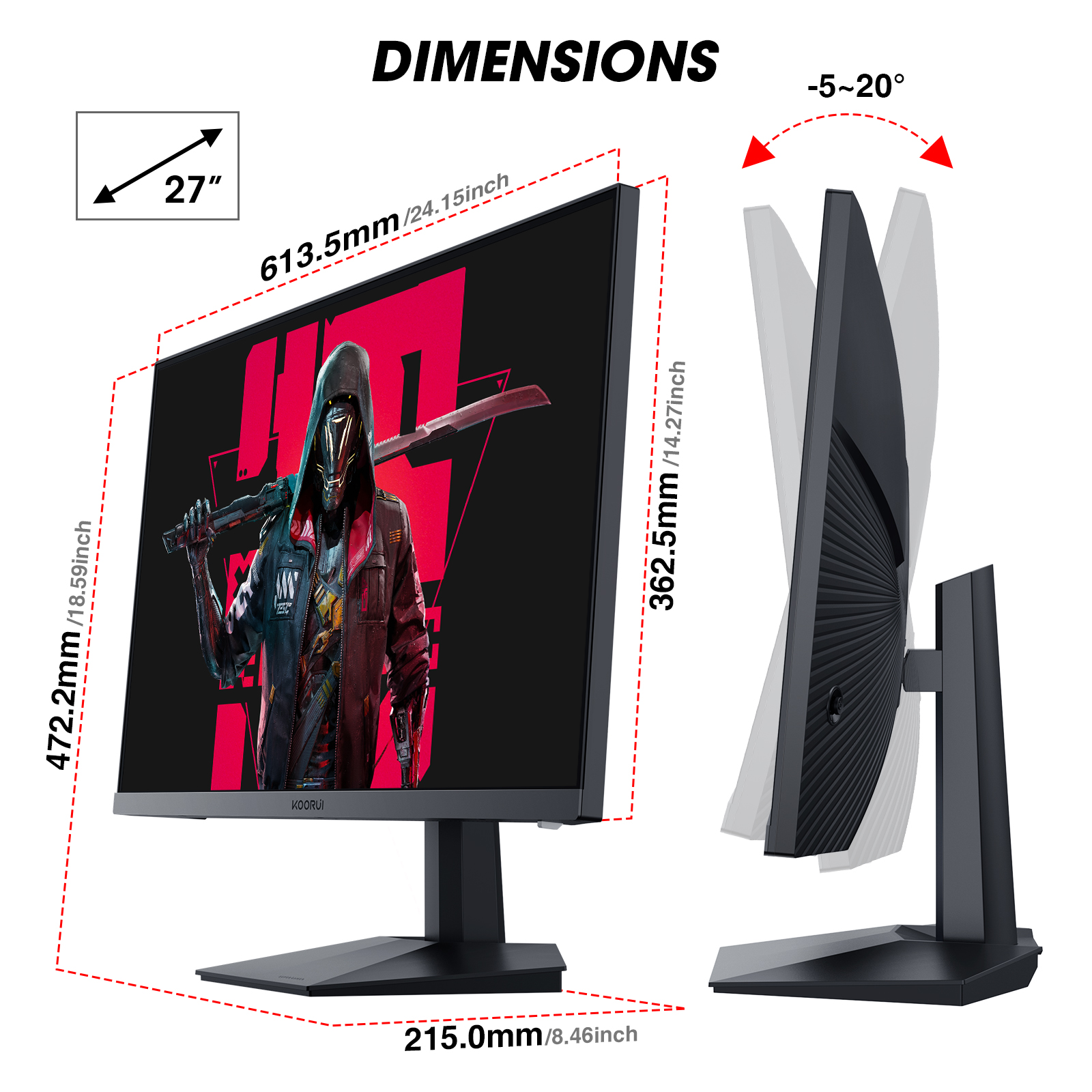 KOORUI 27 Inch Gaming Monitor 240hz, 1ms, FHD 1920x1080, 90% DCI-P3, 100% sRGB Color Gamut, Adaptive Sync Compatible, HDMI, DisplayPort, Black, GN02