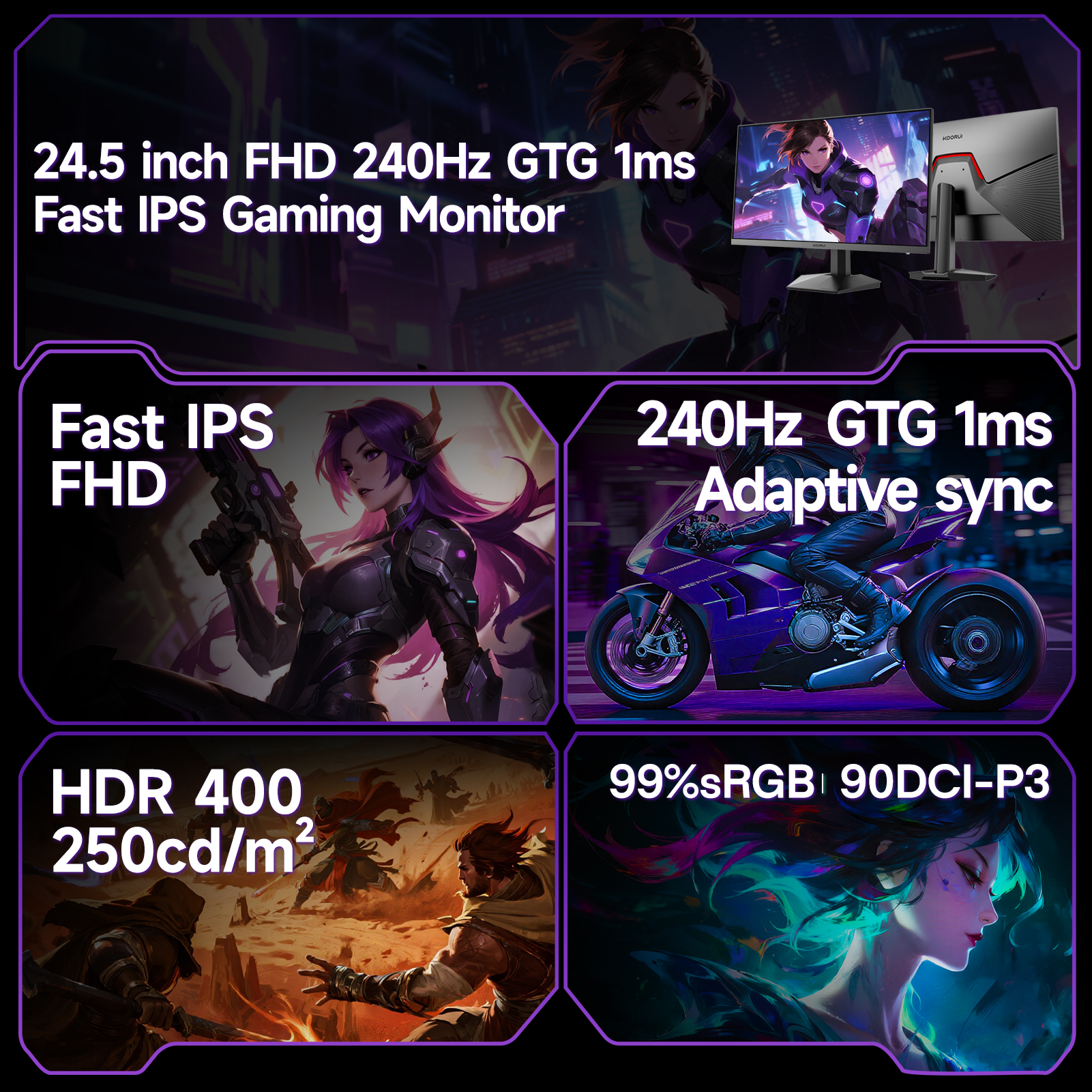 KOORUI 24.5 inch 240hz Gaming Monitor FHD 1080p, IPS Panel, 1ms Response Time, Adaptive sync 3-Sided Frameless,Ultra Slim,VESA,DP HDMI G2511X