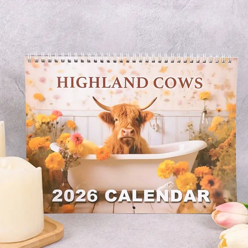 📅2026 Bathtub Highland Cow Calendar