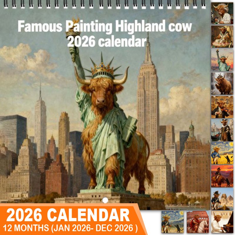 🤣2026 Famous Painting Highland Cow Wall Calendar