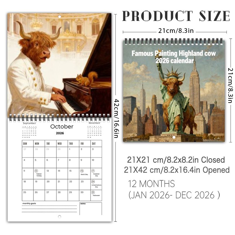 🤣2026 Famous Painting Highland Cow Wall Calendar