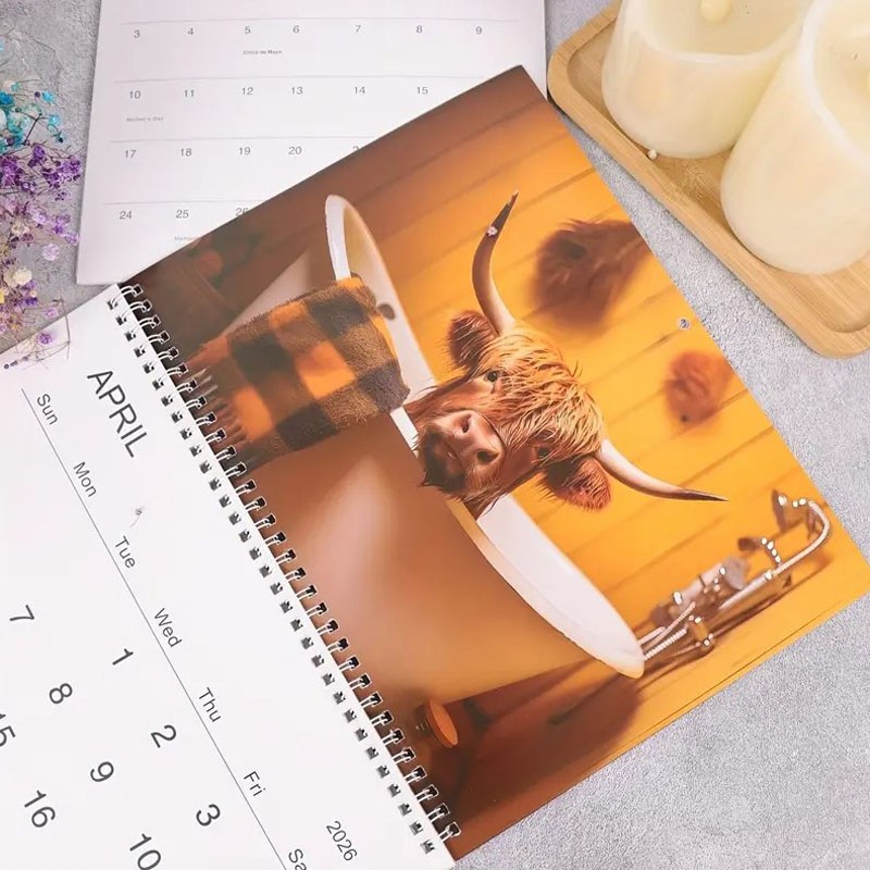 📅2026 Bathtub Highland Cow Calendar