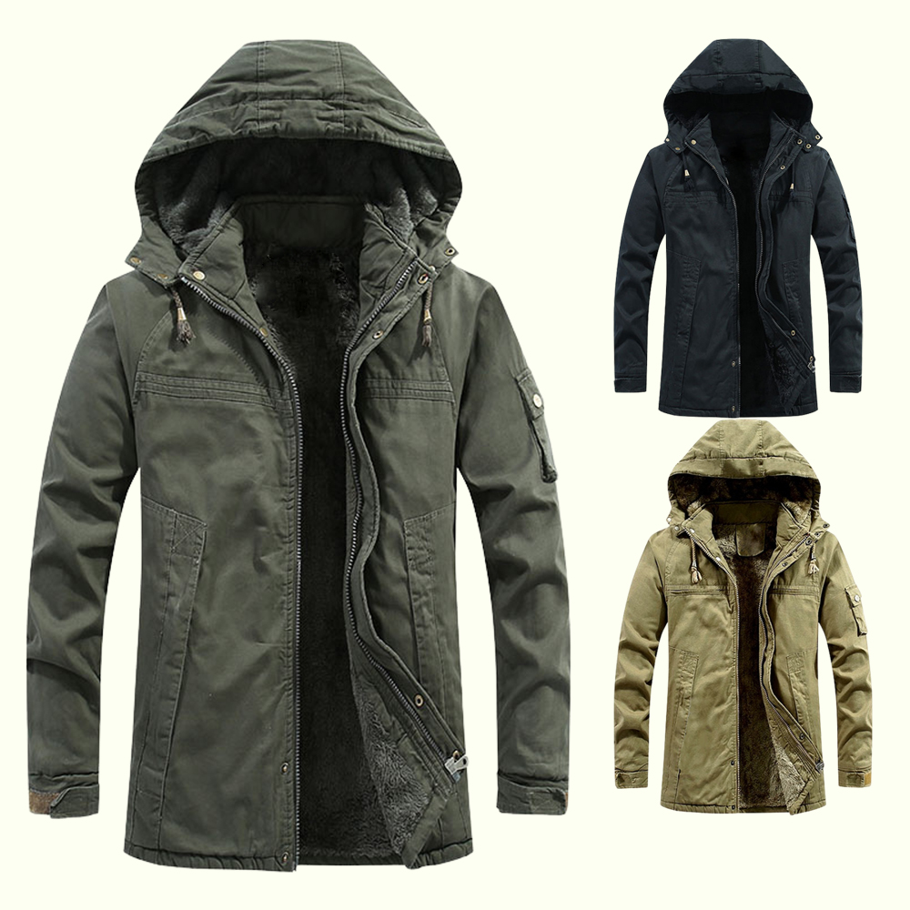 Mittellange, verdickte Fleece-Kapuzenjacke für Herren im Winter