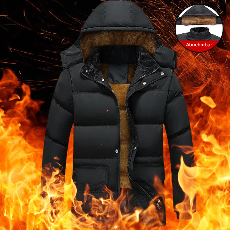 Warme mittellange Wolljacke mit Kapuze für Herren