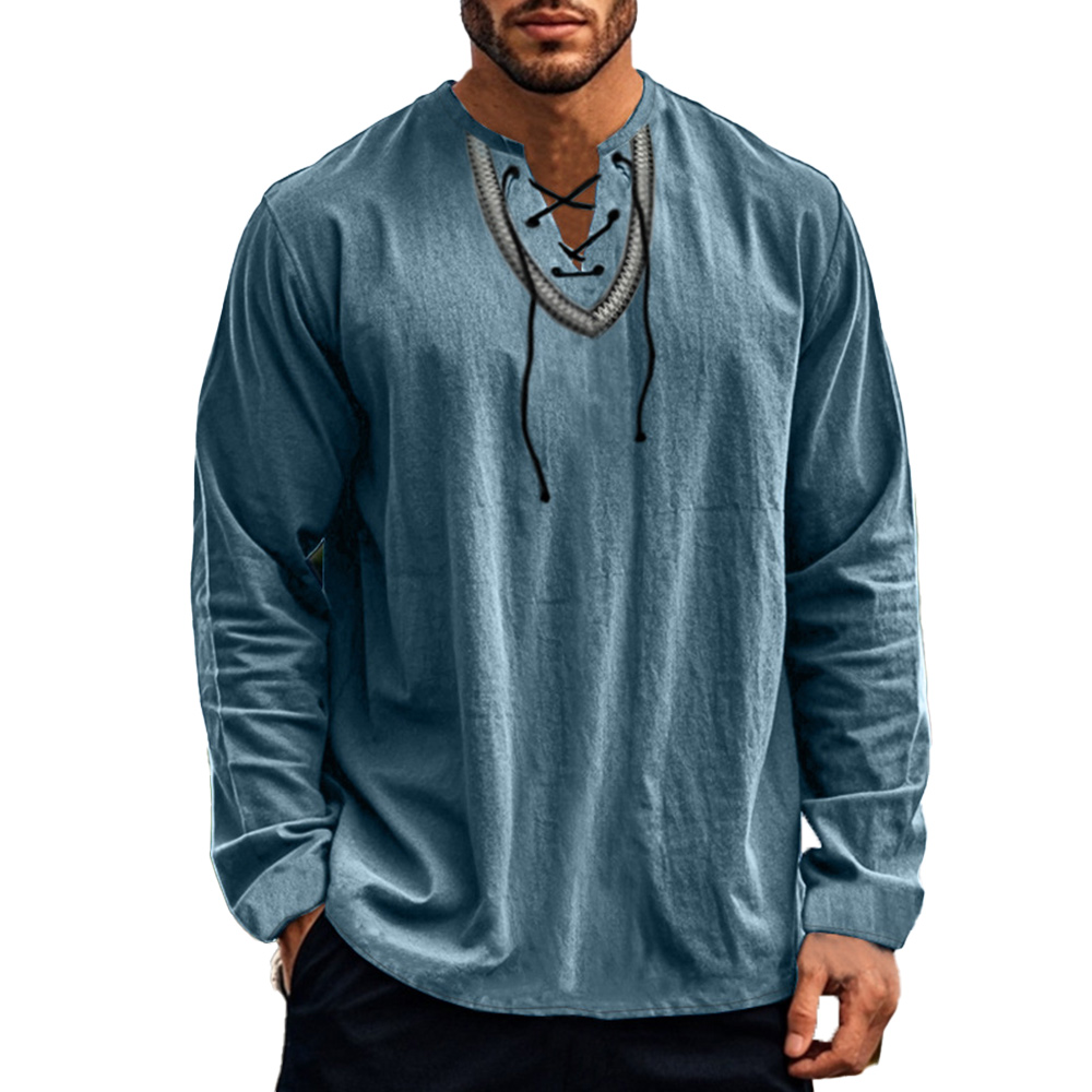 Lässiges Langarmhemd aus Baumwolle und Leinen für Herren mit überkreuzten Trägern