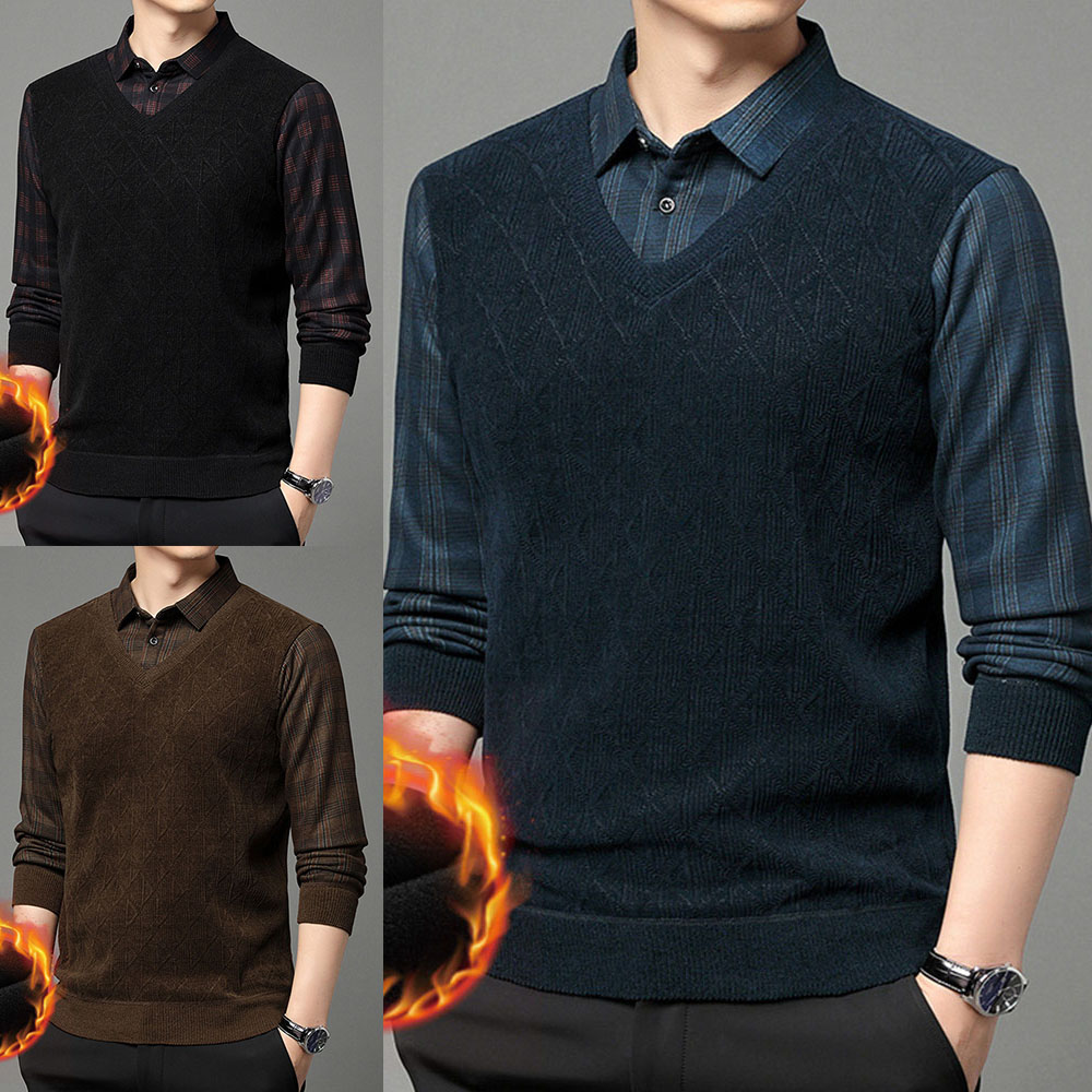 Warmer Herrenpullover aus Fleece und verdicktem Fake-Zweiteiler mit Revers