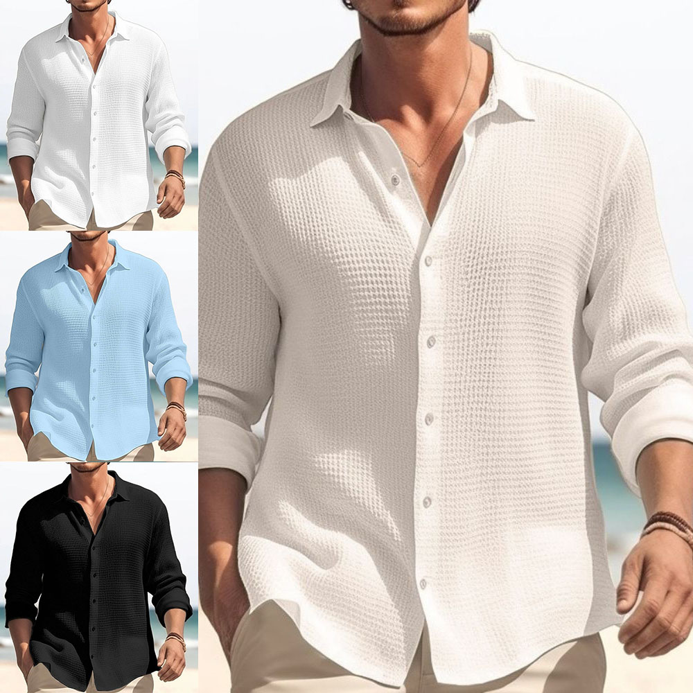 Chemise à manches longues gaufrée de couleur unie pour hommes