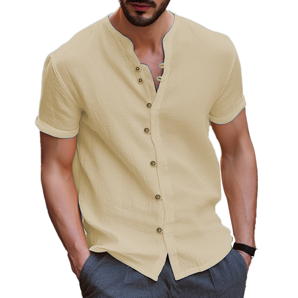 Einfarbiges Kurzarmhemd aus Baumwolle und Leinen für Herren