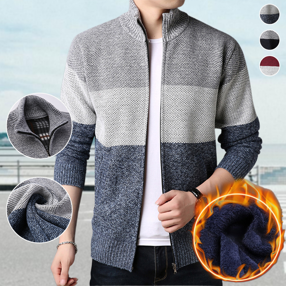 Herren-Pulloverjacke aus verdicktem Samt mit Farbblockierung und lässigem Stehkragen