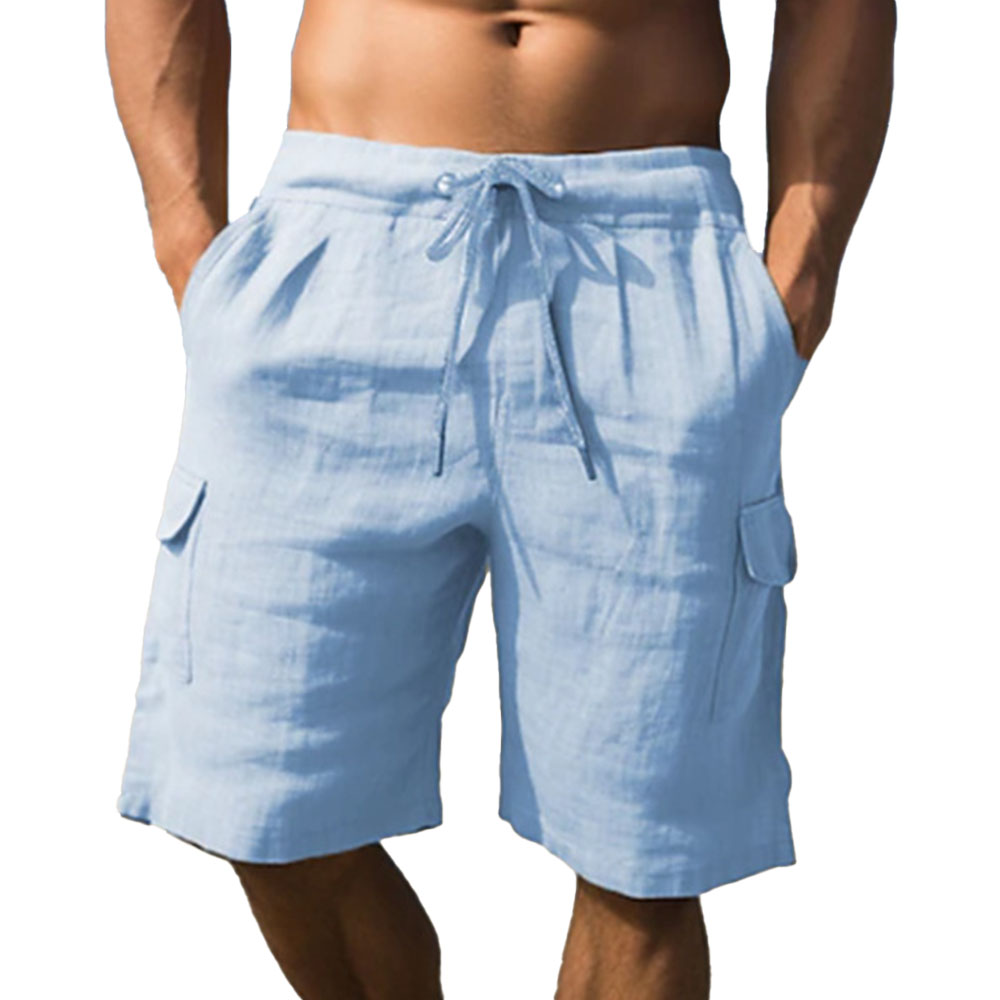 Gerade, einfarbige Fünf-Punkt-Freizeitshorts aus Baumwolle und Leinen für Herren