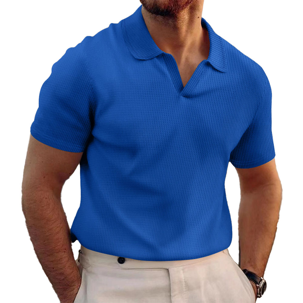 Herren Waffel-Poloshirt mit V-Ausschnitt und kurzen Ärmeln