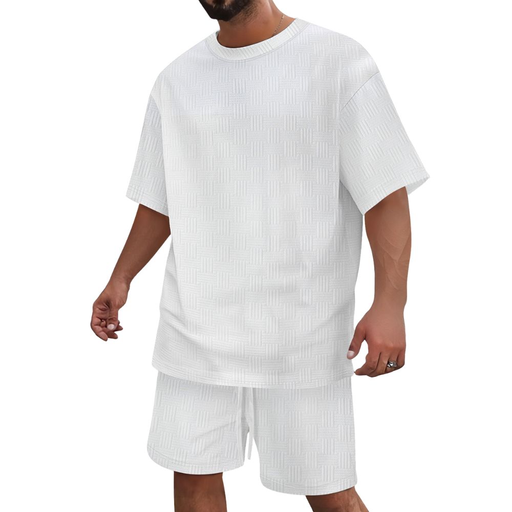 Sommer lässig Herren Jacquard einfarbig Rundhals T-Shirt Shorts Anzug