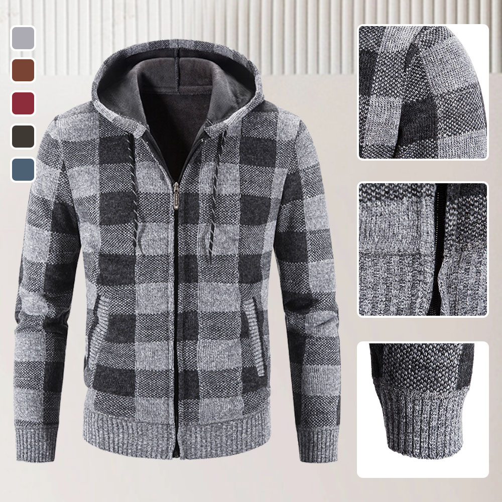 Modische Winter-Strickjacke mit samtverdicktem Karomuster und Kapuze