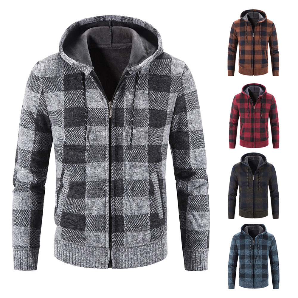 Modische Winter-Strickjacke mit samtverdicktem Karomuster und Kapuze