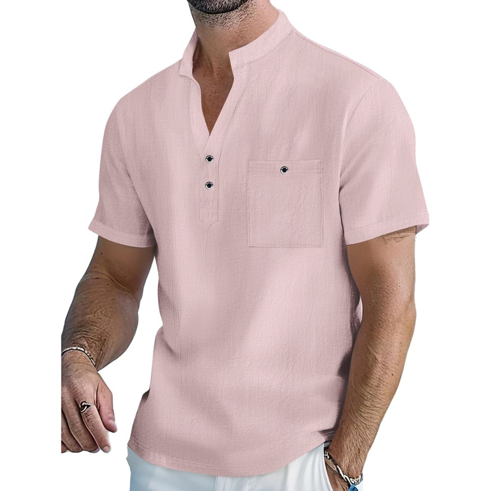 Lockeres, dünnes Kurzarmhemd aus Baumwolle und Leinen mit Stehkragen für Herren