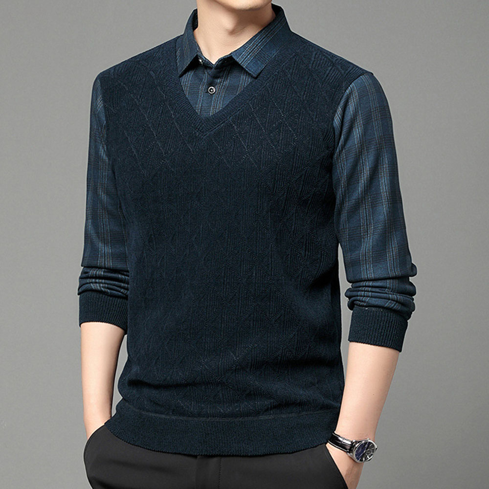 Warmer Herrenpullover aus Fleece und verdicktem Fake-Zweiteiler mit Revers