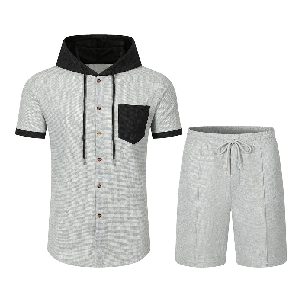 Modischer Kapuzen-Kurzarmshirt + Kordelzug-Shorts-Sportanzug