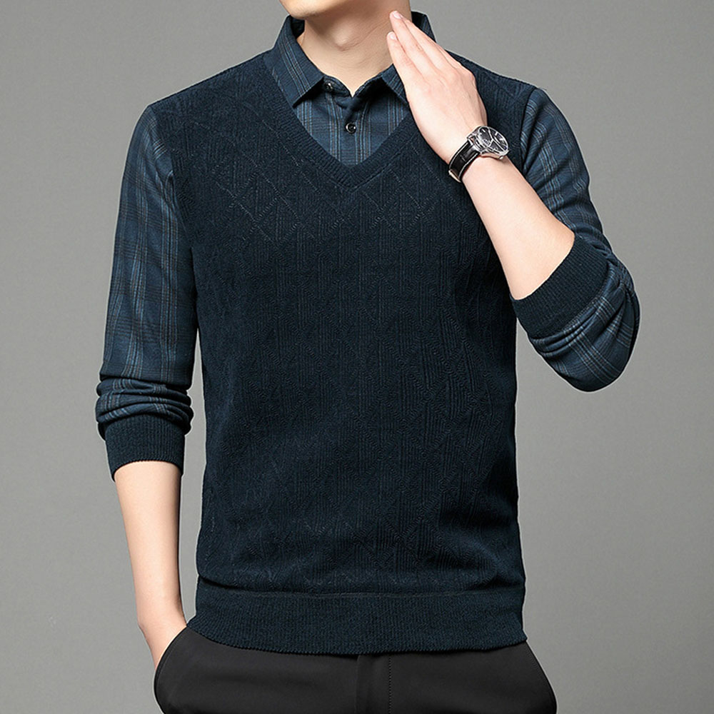 Warmer Herrenpullover aus Fleece und verdicktem Fake-Zweiteiler mit Revers