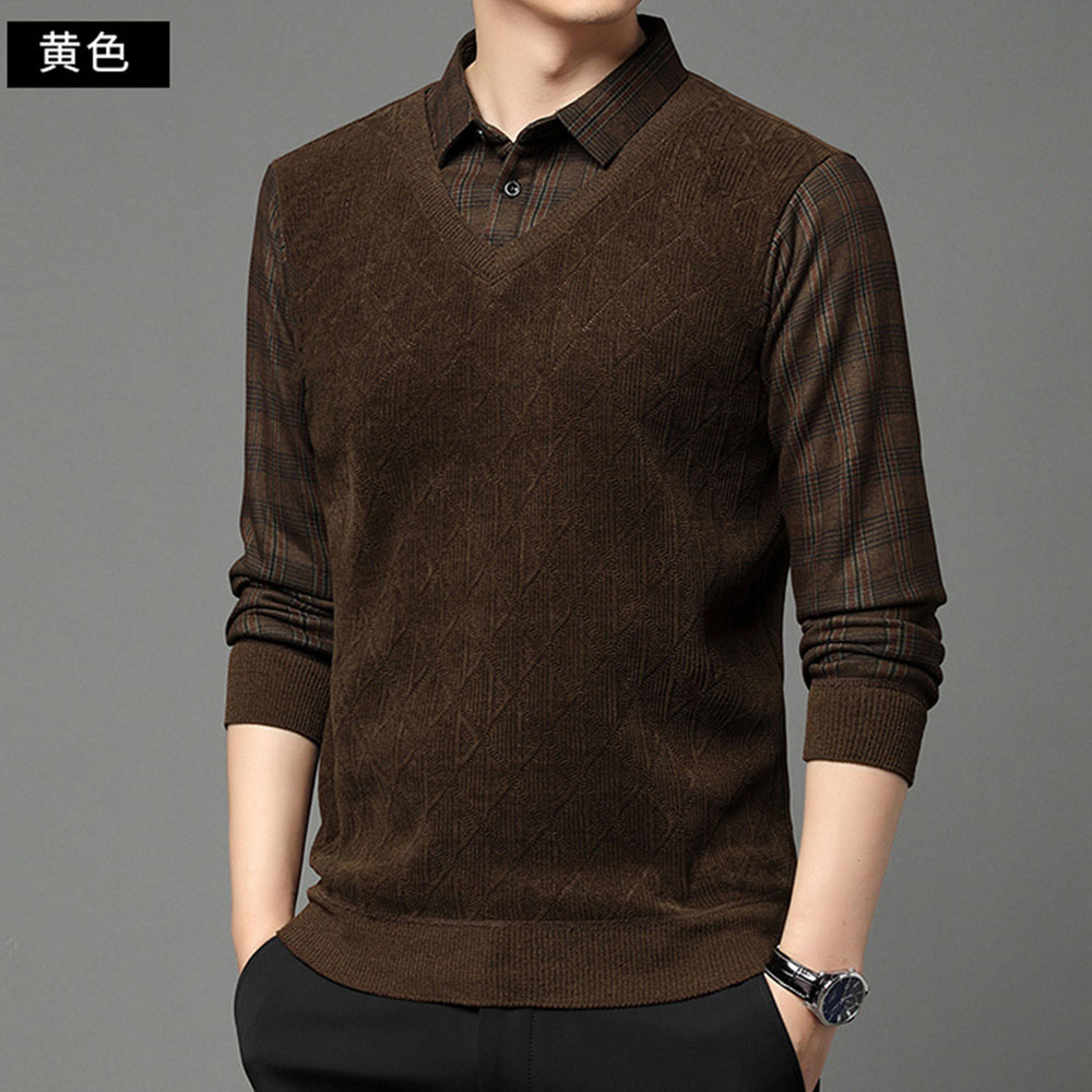 Warmer Herrenpullover aus Fleece und verdicktem Fake-Zweiteiler mit Revers