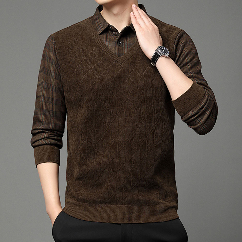 Warmer Herrenpullover aus Fleece und verdicktem Fake-Zweiteiler mit Revers