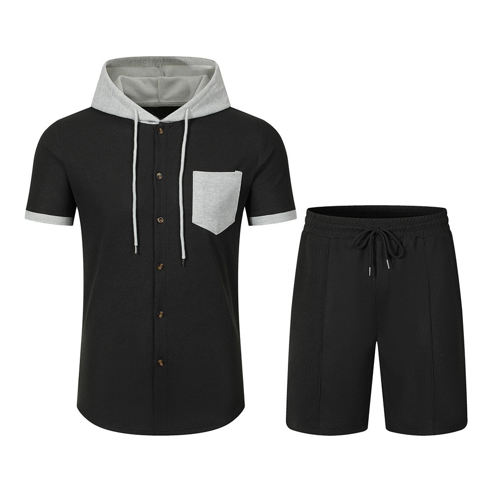 Modischer Kapuzen-Kurzarmshirt + Kordelzug-Shorts-Sportanzug