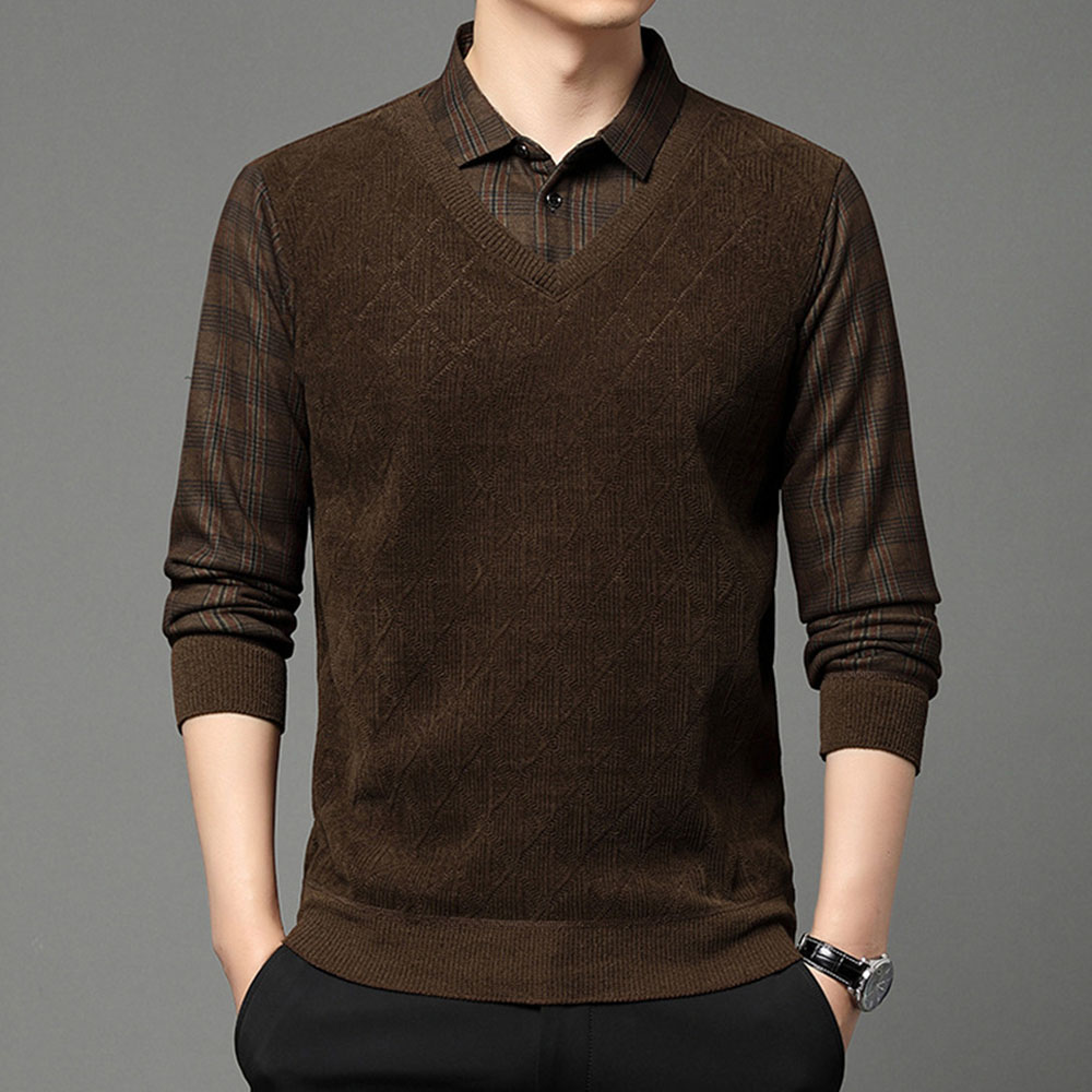 Warmer Herrenpullover aus Fleece und verdicktem Fake-Zweiteiler mit Revers