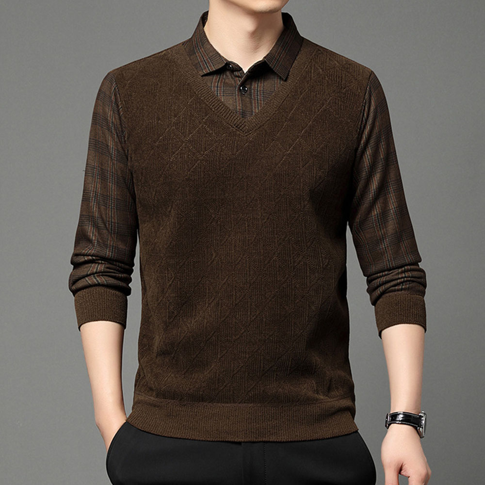 Warmer Herrenpullover aus Fleece und verdicktem Fake-Zweiteiler mit Revers