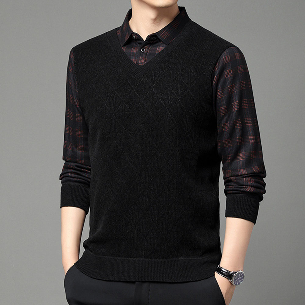 Warmer Herrenpullover aus Fleece und verdicktem Fake-Zweiteiler mit Revers