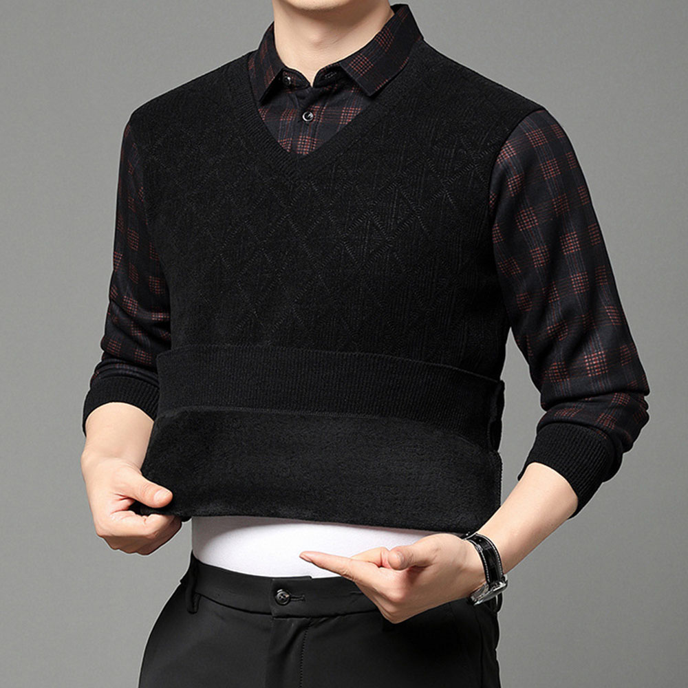 Warmer Herrenpullover aus Fleece und verdicktem Fake-Zweiteiler mit Revers