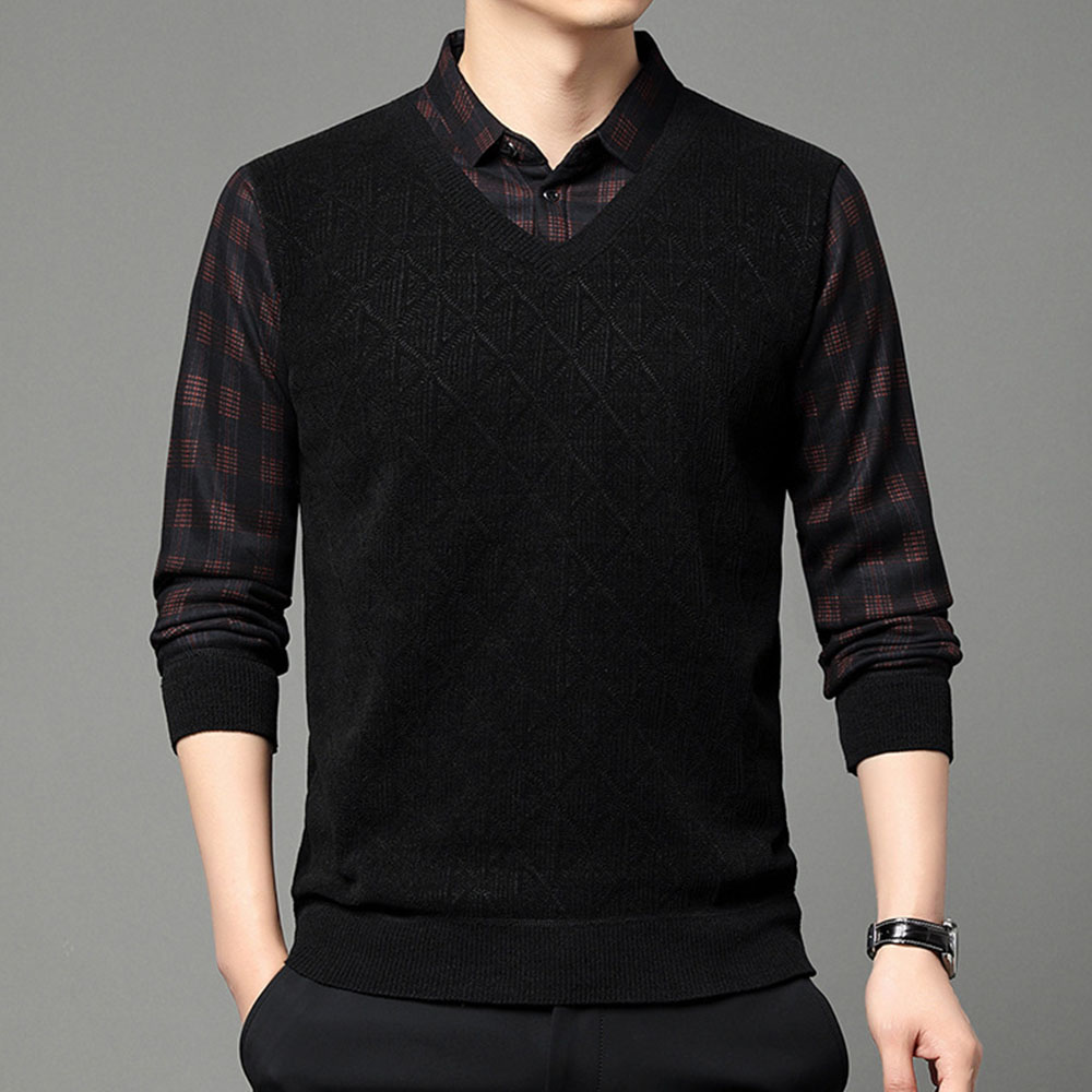 Warmer Herrenpullover aus Fleece und verdicktem Fake-Zweiteiler mit Revers